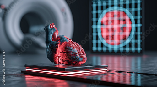 Anatomical Human Heart Model with MRI Scan Background Medical Concept