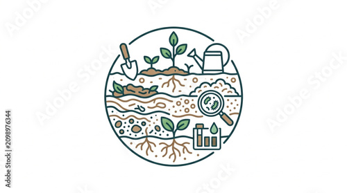 Принти на полотні Illustration of soil layers with plants and gardening tools.