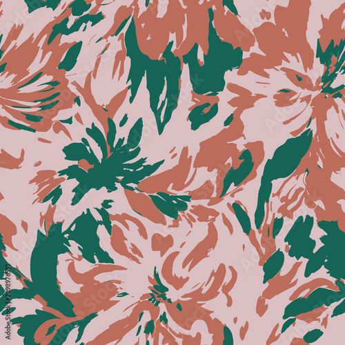 Abstract floral seamless pattern with large hand painted blooming flowers in muted earth tones on pink background, abstract