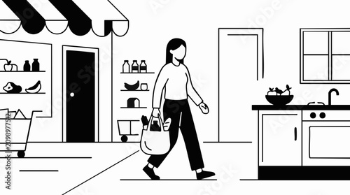 Canvas Print Woman carrying groceries from store to home, minimalist line art
