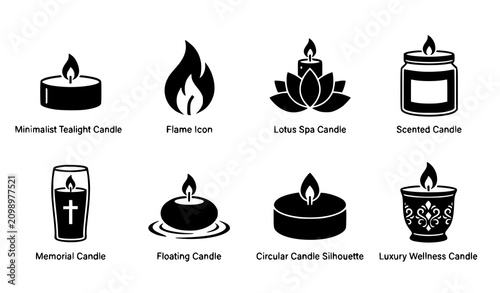Photos Labeled candle and flame symbols illustration featuring tealight, lotus spa, sce