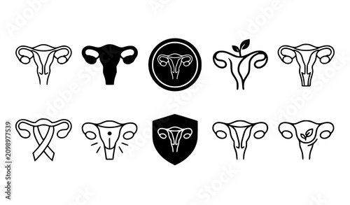 Foto Uterus icons collection in black and white with ribbon, shield, badge, leaf, and
