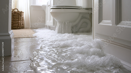 Toilet Overflowing in Bathroom with Water Damage and suds on Floor