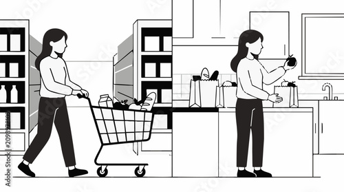 Photos Woman grocery shopping at supermarket and unpacking food in kitchen