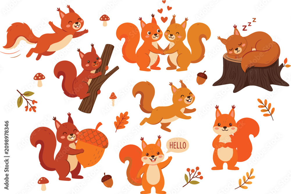 Obraz premium Cute squirrel cartoon character set with different actions like jumping sleeping holding acorn and loving couple isolated on white background.