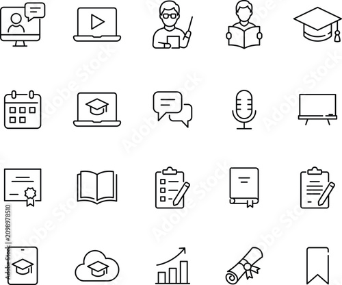 Monochrome Vector Education Line Art Icon Set.