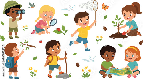 Cute children exploring nature vector illustration set with kids catching butterflies planting trees bird watching and reading map for educational clip art designs