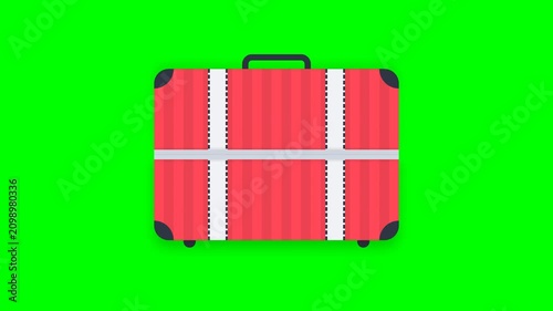 Flat design animation of a red travel suitcase opening with vacation essentials on green screen background