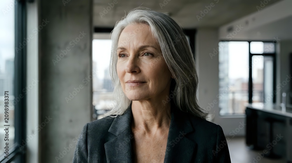 Fototapeta premium Senior businesswoman with gray hair in modern office looking confident and professional for corporate leadership concepts.