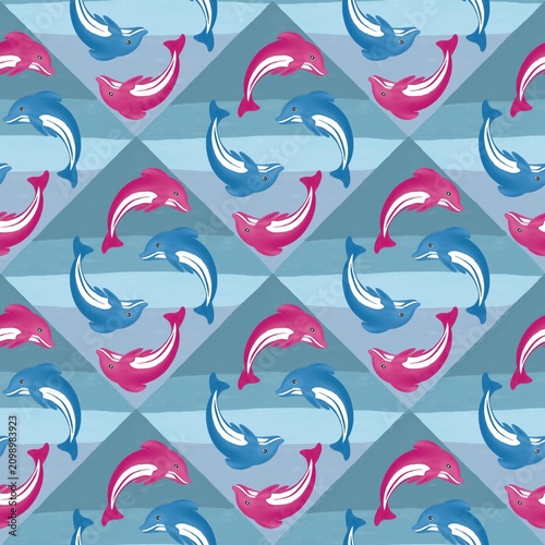 Blue and pink dolphin pattern seamless. 