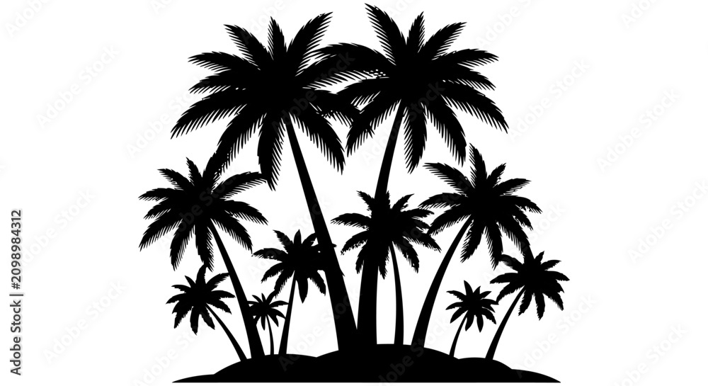 Fototapeta premium Palm tree silhouettes on island black and white graphic design