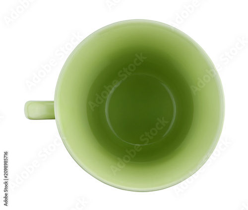 Green empty mug isolated on a transparent background. Full depth of field. Top view. PNG.