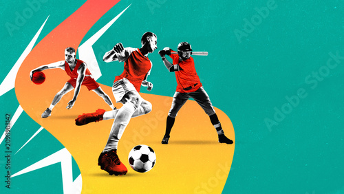 Modern sports collage featuring basketball soccer and baseball players for promotional design. Concept of sports event marketing  youth league promotion  competition branding and commercial ads.
