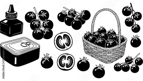 Tomato graphic set with vine tomatoes slices canned food, vegetable