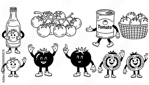Tomato character set with fresh vegetables and canned food, vegetable