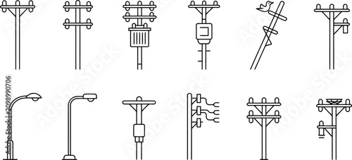 Collection of simple line depicting various utility poles and streetlights vector, transparent background