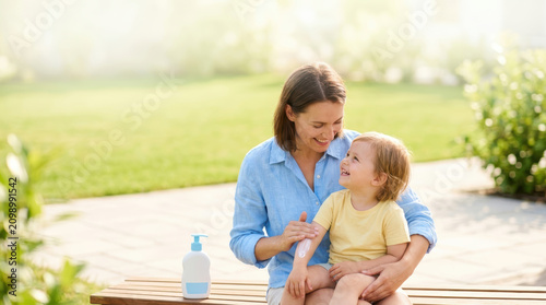 Mother applying sunscreen on child at the beach for sun protection