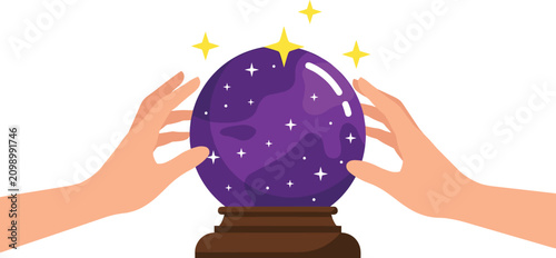 Obraz na płótnie Magic crystal ball vector illustration featuring human hands hovering over a pur