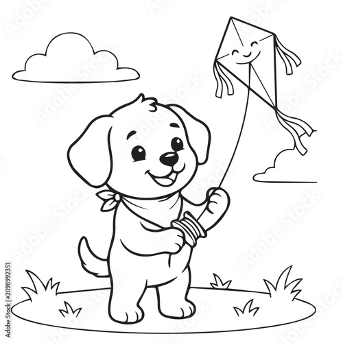 Cute dog flying kite outdoors. Happy puppy playing with toy kite in park. A cheerful dog enjoys flying a kite in a sunny outdoor setting.