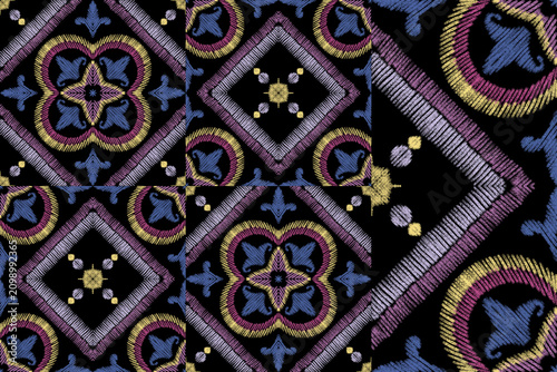Embroidery style mediterranean azulejo majolica floral tile patterns on black