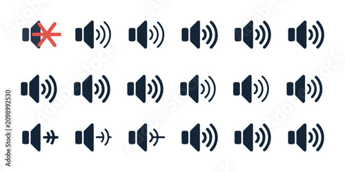 Принти на полотні Set of volume icons with crossed out muted speaker and sound wave signals for interface navigation