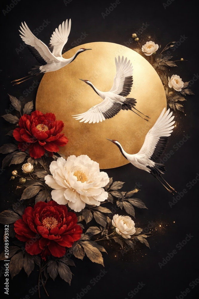 Fototapeta premium Cranes flying over vibrant peonies with a golden sun backdrop.