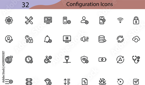 Configuration and settings line icons set. System preferences and UI control outline symbols including gear, wrench, monitor, user profile, security and sync. Editable stroke vector.