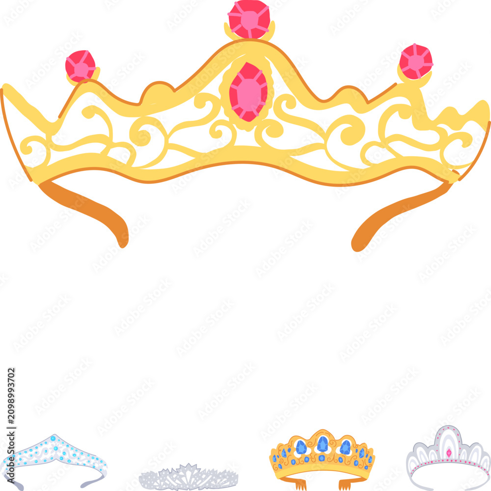 Obraz premium Collection of five decorative tiaras and crowns set, featuring various designs with dazzling jewels and intricate details, ideal for concepts of royalty, celebration, and special events