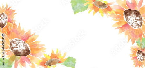 Slika na platnu ひまわり, 夏, 花, 緑, 花びら, 水彩, 背景, デザイン, ベクター, 自然, イラスト, 模様, デコレーション, 黄色, 美しさ, かわいい, オレ