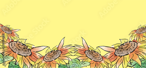 фотографія ひまわり, 夏, 花, 緑, 花びら, 水彩, 背景, デザイン, ベクター, 自然, イラスト, 模様, デコレーション, 黄色, 美しさ, かわいい, オレ