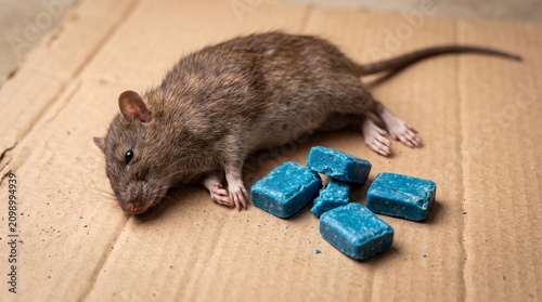 Dead Rat Lying Next to Blue Poison Blocks on Cardboard Surface.
