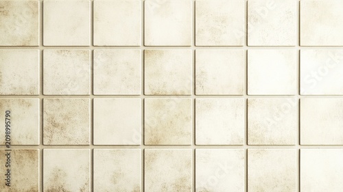 Seamless vintage beige square ceramic tile wall texture with subtle faded speckled stains, muted warm neutral tone, grid grout lines, calm rustic backdrop for bathroom, kitchen interior design