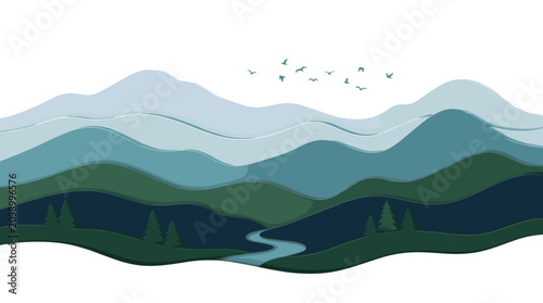 Stylized layered mountain landscape with a winding river and birds flying