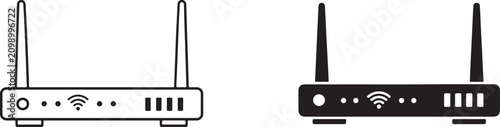 Fotografie Black and white router icon set with antenna vector symbols for wireless network and internet technology