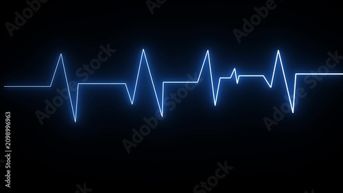 Blue neon electrocardiogram line on black background, representing heartbeat and vital signs.