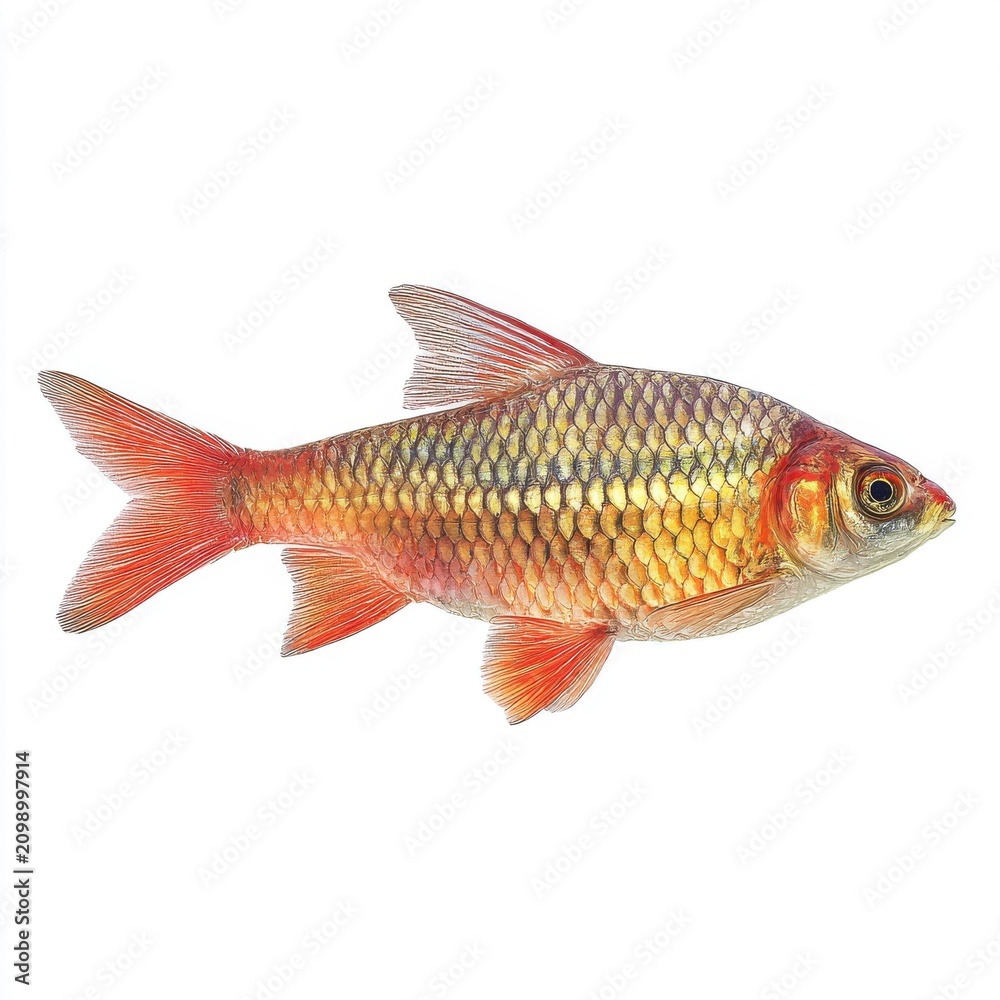 Fototapeta premium Rosy Barb Fish With Metallic Scales And Vivid Red Fins Isolated On Pure White Background