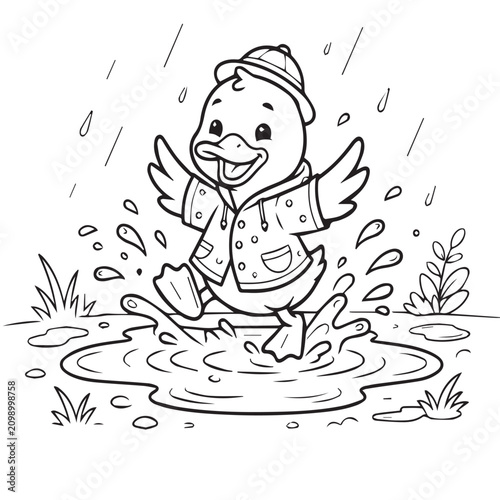 Smiling duck wearing raincoat playing in puddle. Vector illustration of happy bird in rain. A cheerful duckling enjoys a rainy day, splashing in a puddle with joy.