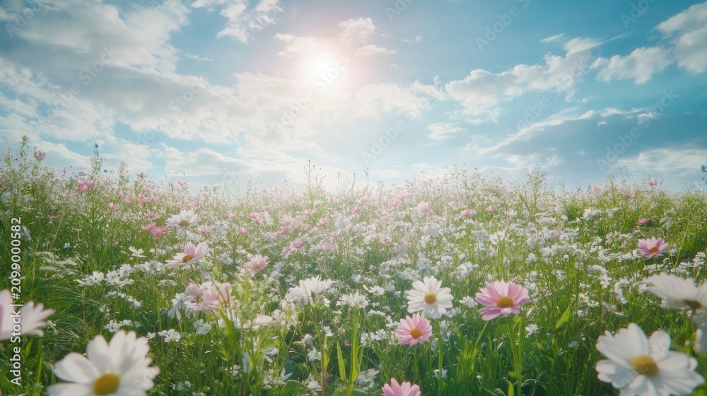 Fototapeta premium beautiful field of flowers under sunny sky