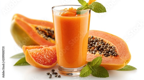 Glass of papaya smoothie with sliced fruit and mint leaves