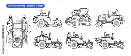 Lawn mower vector line art set of zero turn commercial riding mowers from top and side view angles for landscaping graphic design, coloring book, blueprint style isolated icons on white background.