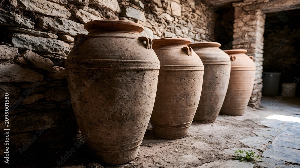 Fototapeta premium Traditional large terracotta amphorae jars resting inside a rustic stone cellar for ancient style wine fermentation processes capturing an authentic