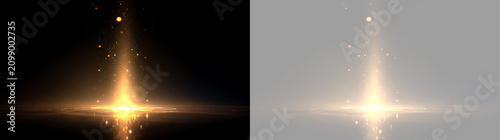 Golden light beam with glowing particles and bokeh dust. Magic portal effect on black and transparent background. Luminous energy ray design asset