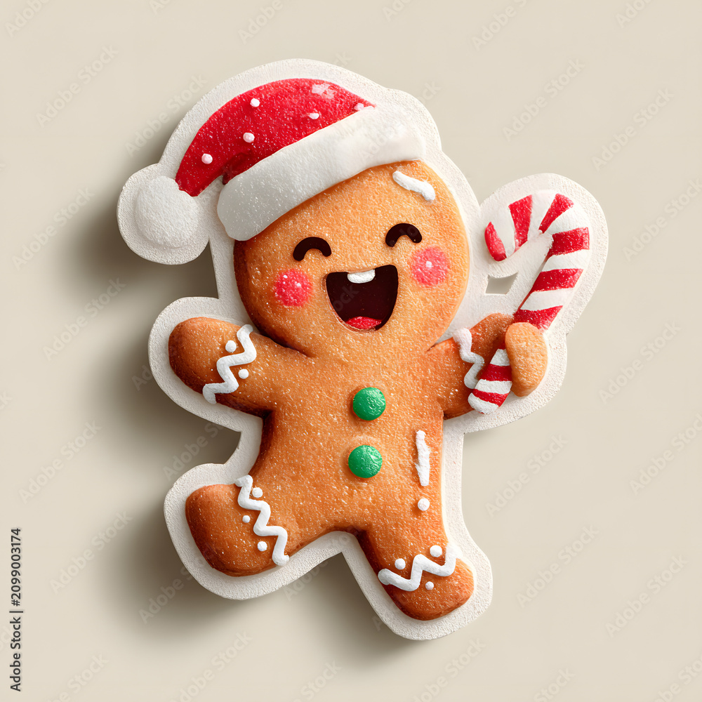 Fototapeta premium Cute smiling gingerbread cookie dancing with candy canes, rosy cheeks, icing details, tiny Santa hat, playful holiday vibe, whimsical kawaii illustration.