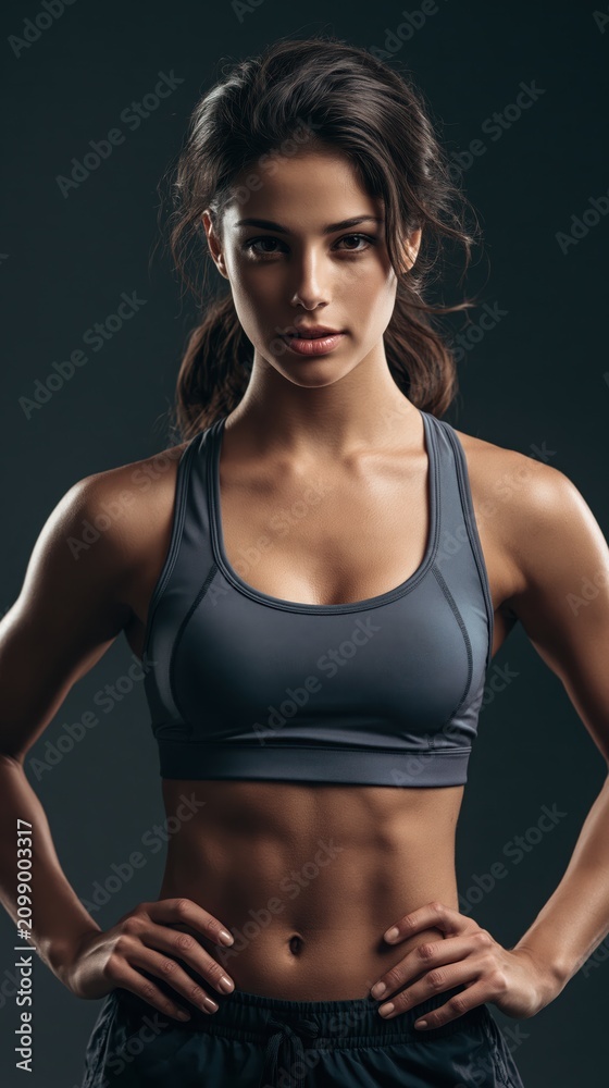 Obraz premium Portrait of a woman in fitness attire posing against dark background