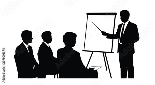 Professional Business Presentation Seminar Training Meeting Silhouette Vector Illustration Featuring Corporate Speaker Team Audience Leadership Communication Workshop Education Concept