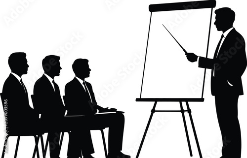 Business presentation seminar silhouette vector illustration featuring corporate trainer teaching professional audience in meeting room, leadership workshop, office training concept.
