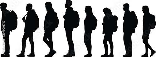 Collection of student backpack silhouettes featuring diverse standing people isolated on white background, black vector illustration for education and lifestyle design