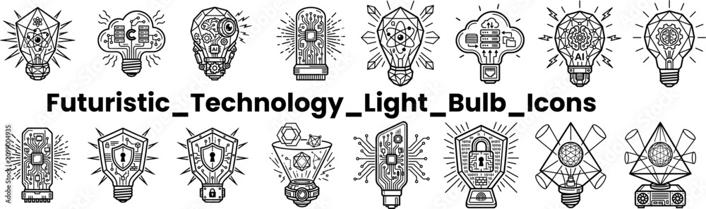 Fototapeta premium Futuristic technology light bulb icons set showcasing artificial intelligence and digital security.
