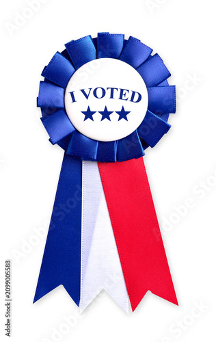 Patriotic I Voted election button badge award ribbon rosette, traditional red, white, and blue political campaign medal isolated on transparent background, PNG format