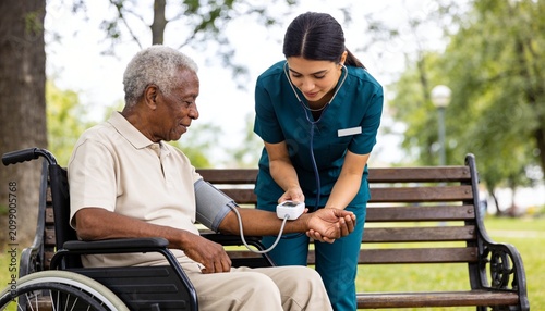 Female nurse checking blood pressure of an elderly man in a wheelchair. Healthcare professional providing medical care for a senior patient in a park. Geriatric nursing and wellness concept